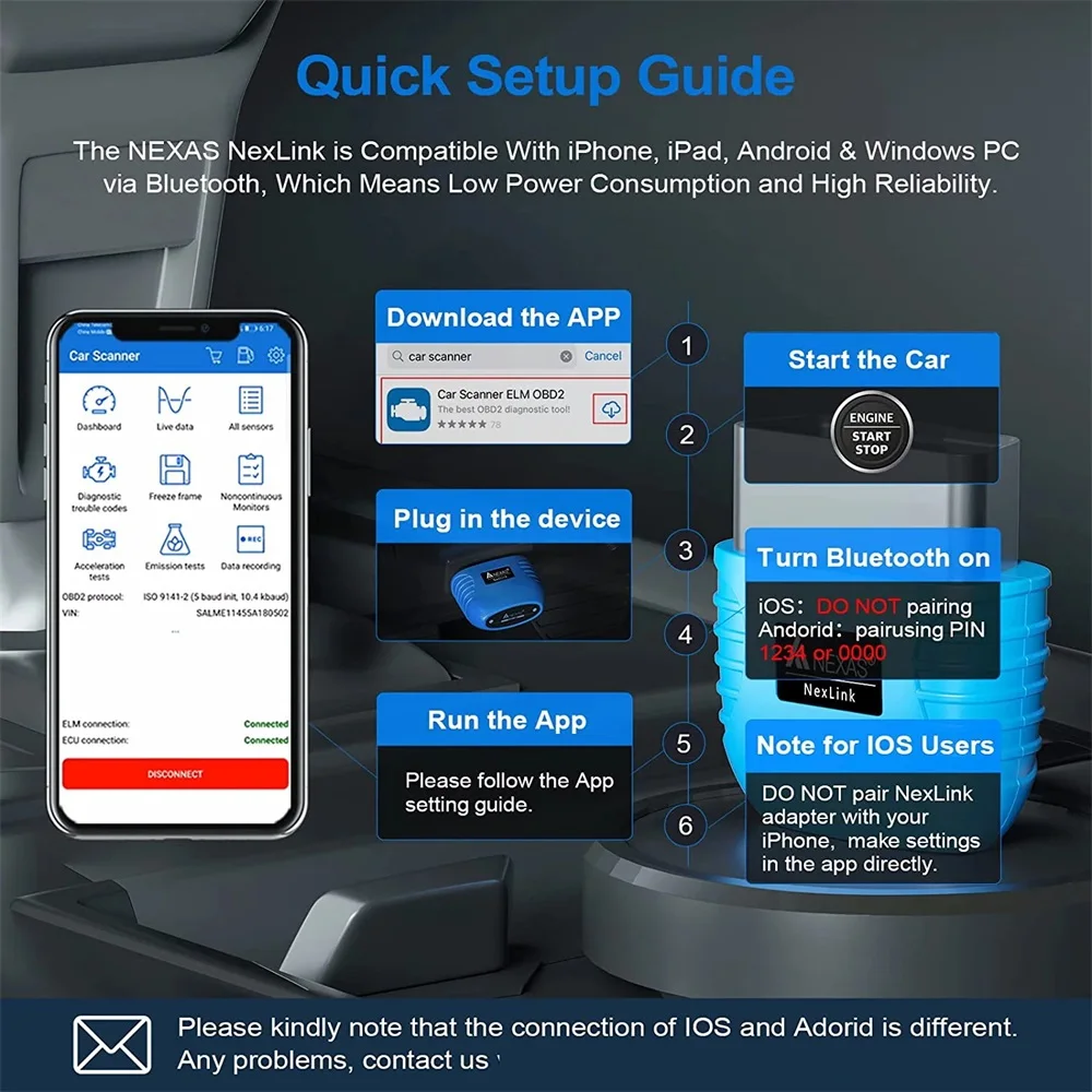 NEXAS 블루투스 OBD2 스캐너, EOBD 오토바이 자동차 진단 도구, Nexlink OBD 2 스캔 도구 코드 리더, iOS 안드로이드 윈도우용