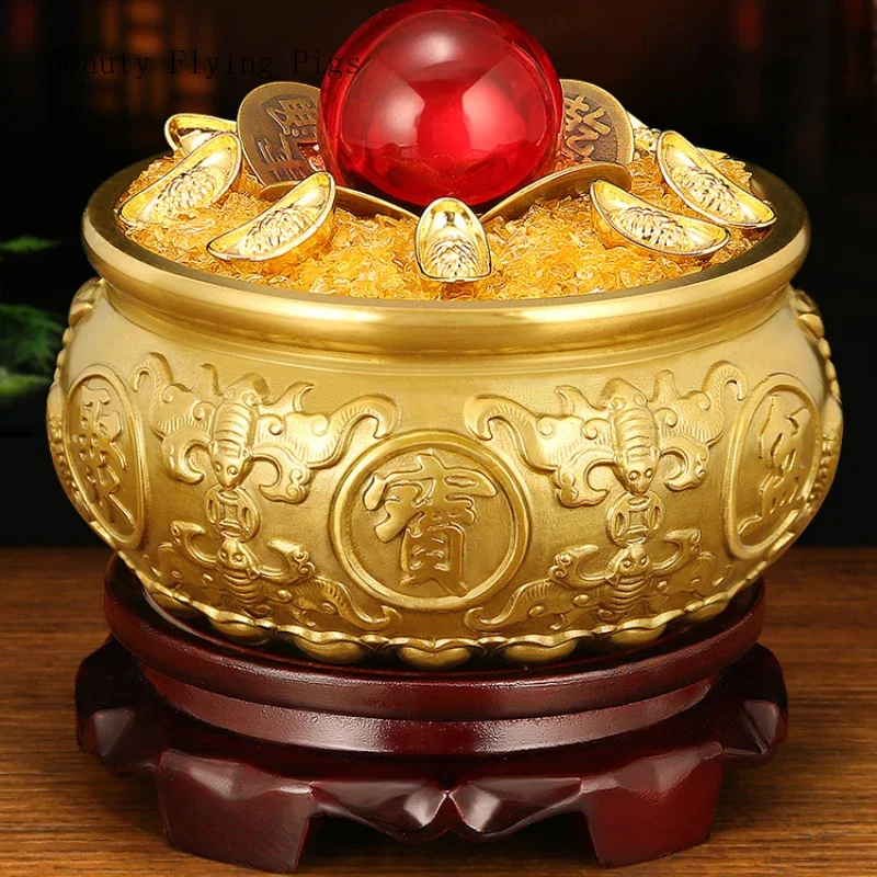 Copper Treasure Bowl Ornament Solid wood base Absorb wealth living room home decoration Feng Shui Housewarming Opening Gift