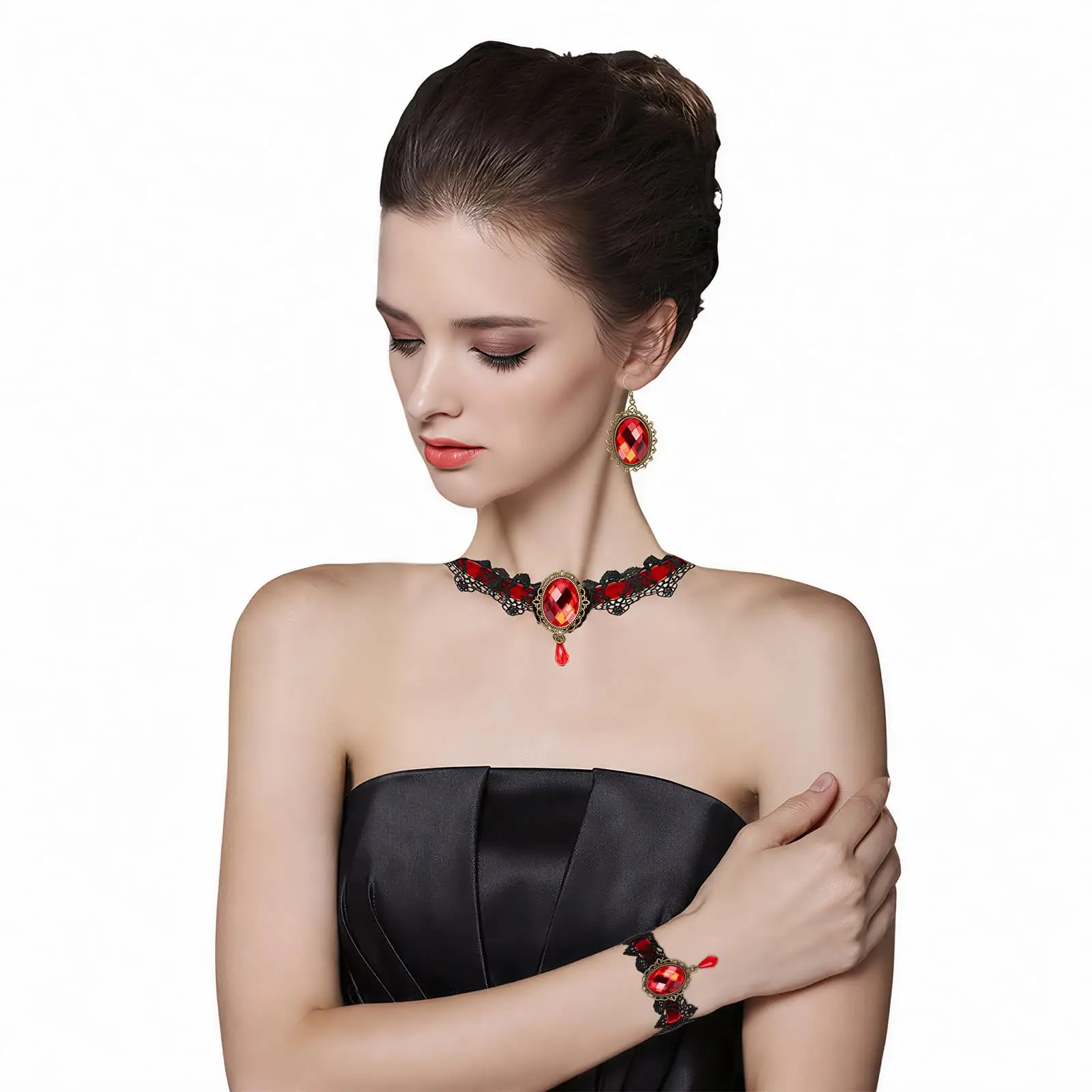 Gothic Vampire Accessories Choker Necklace Earrings Bracelets with Rings 5 Pcs Jewelry Set, Halloween Steampunk Victorian Goth Witch Vampire Costume for Women, Black Lace Choker, Adjustable Length