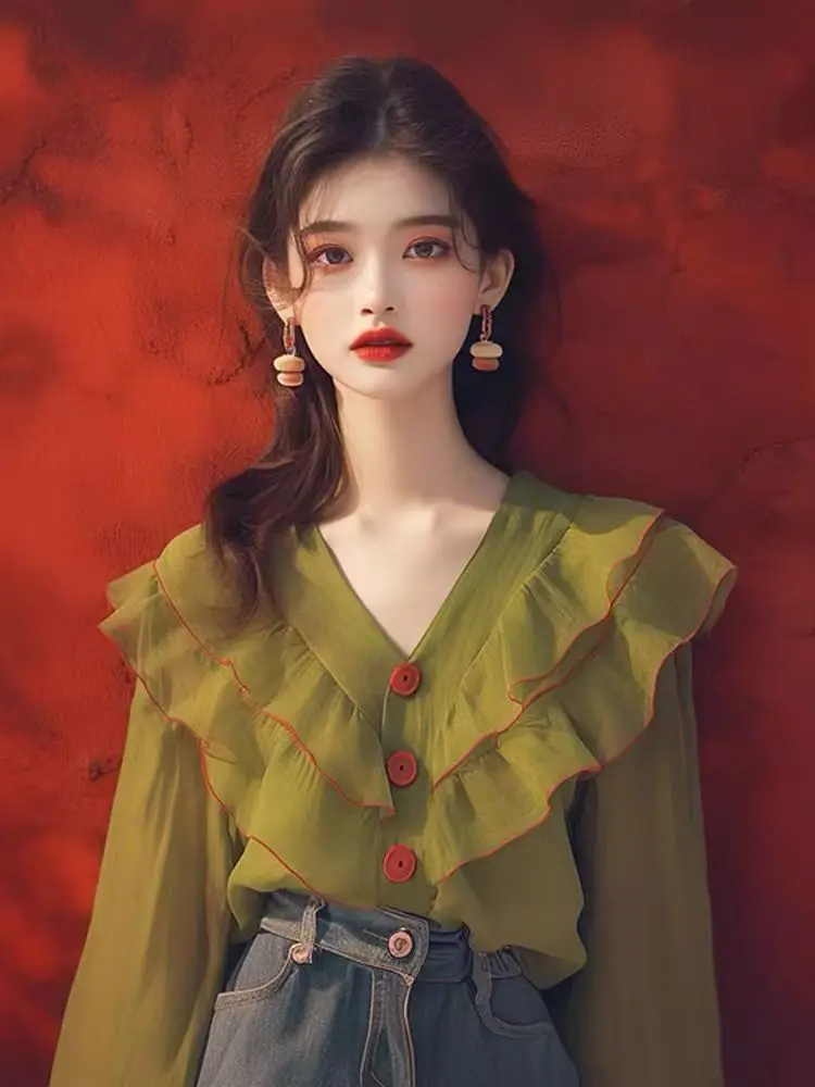 Green Lace Trim Shirt Women's Long Sleeve V-Neck Top Elegant French Style Loose Fit Warm Polyester Fiber Pure Color Shirt
