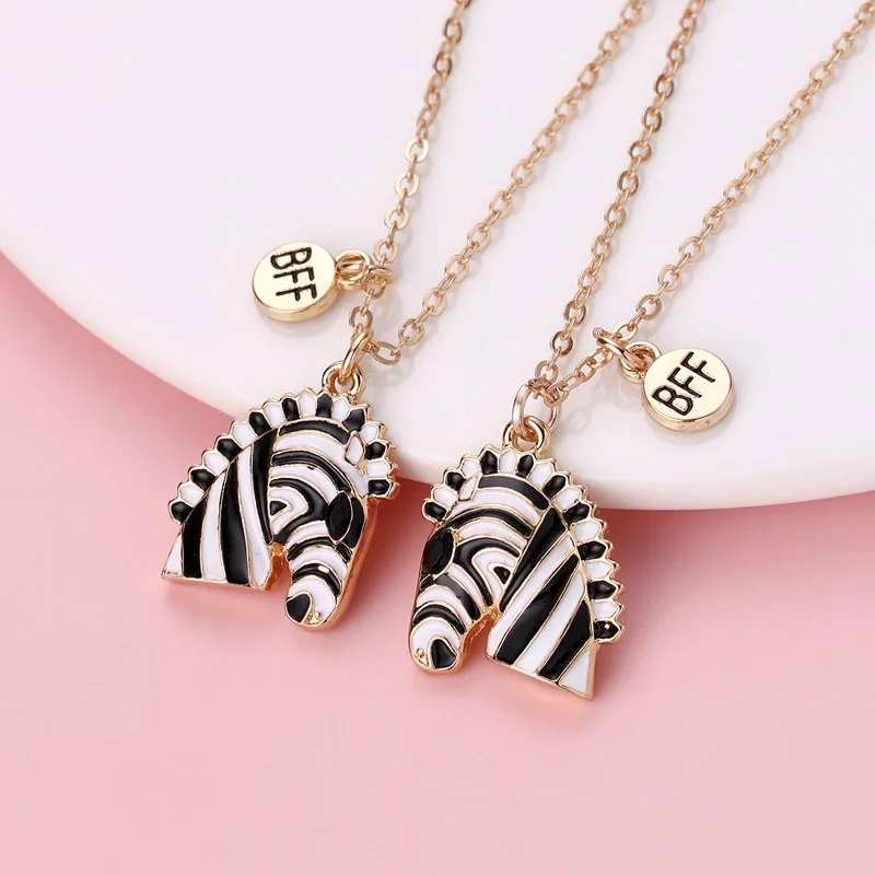 Lovecryst 2Pcs/set Enamel Cute Zebra Animals Pendant Best Friend Necklace for Girls BFF Friendship Jewelry Gift