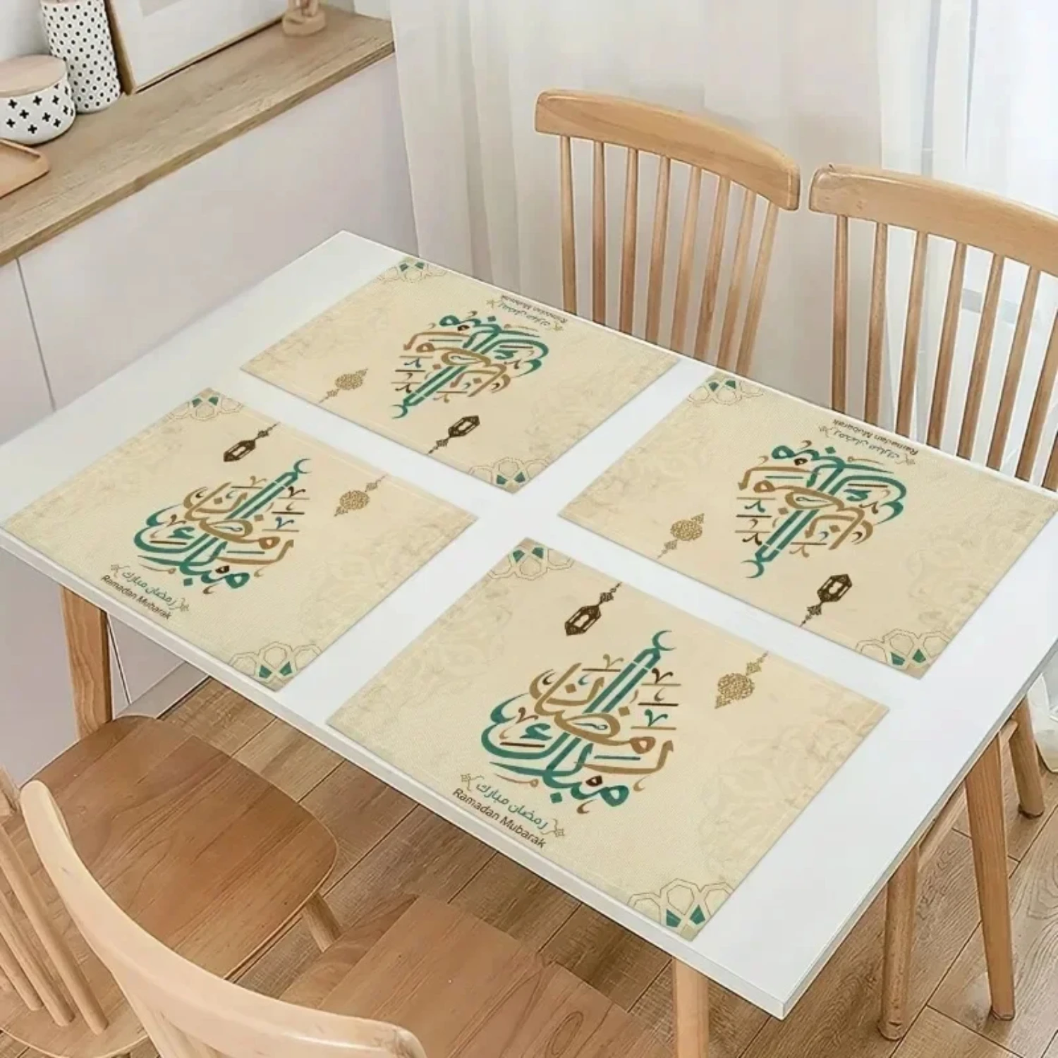 Elegant Set of 4 Lantern Letter Linen Placemats for Dining Table, Eid Ramadan Theme Heat Insulation Pads, Tableware Mats for Hol