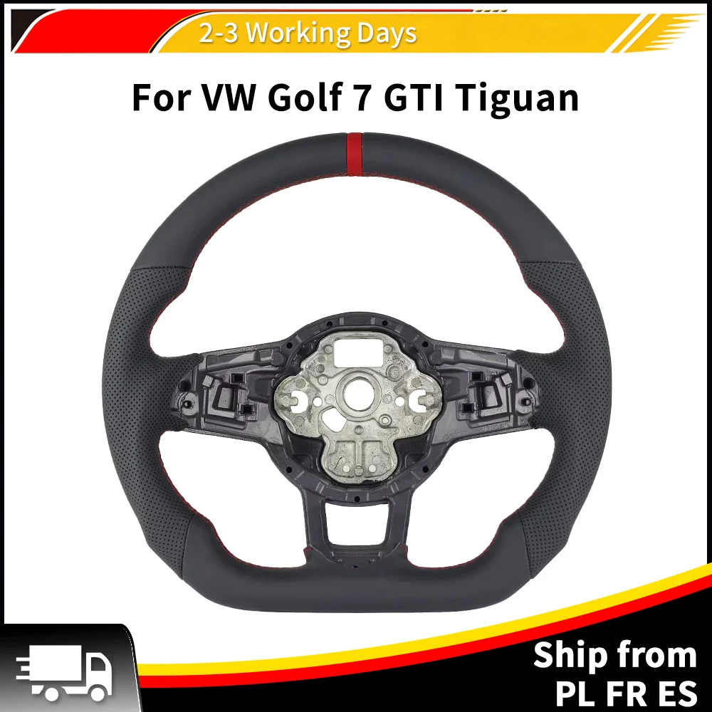 Striscia rossa per VW Golf 7 7.5 GTI Tiguan 2013-2019, volante in pelle semi-perforata per Volkswagen, stile sportivo, accessori auto, fondo piatto