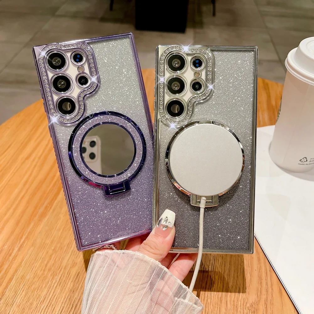 الفاخرة الماس واضح بريق Magsafe حقيبة لهاتف سامسونج غالاكسي S25 S24 الترا S23 S22 زائد مرآة حامل هاتف مغناطيسي حامل غطاء