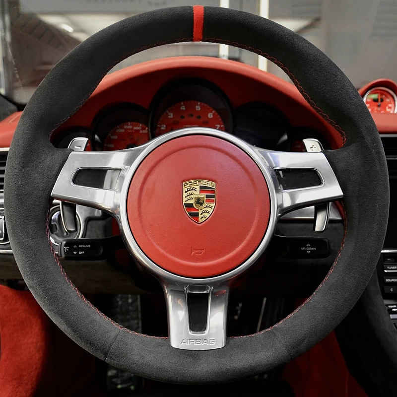 Niestandardowy pokrowiec na kierownicę samochodową Miękki zamsz 100% pasuje do Porsche 911 991 Boxster 981 Cayman Cayenne Panamera 2009 -2016