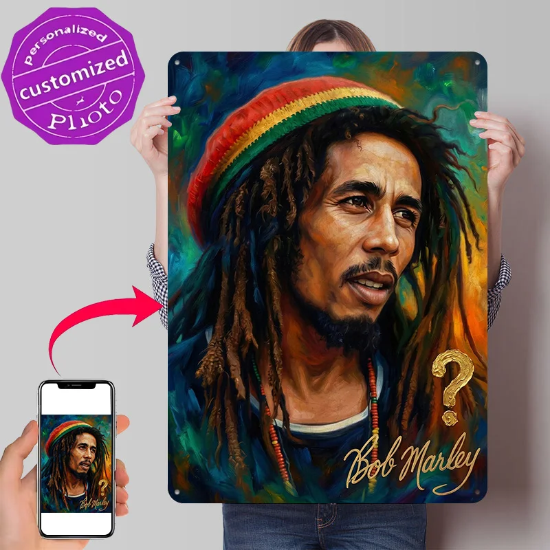 Bob Marley Portrait With Question Mark Metal Poster Perfect Gift for Fans Lovers Personalized Wall Art Metal Sign for Wand Deko