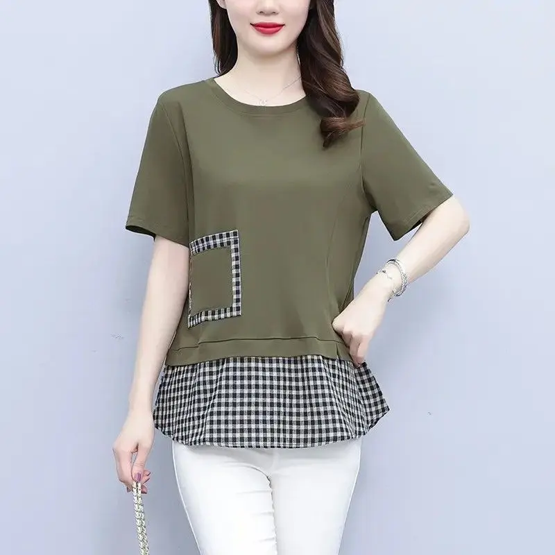 

Fashion O-Neck Spliced Pockets Plaid Fake Two Pieces T-Shirts Women's Clothing 2024 Summer Loose Commuter Tops Casual Tee Shirts