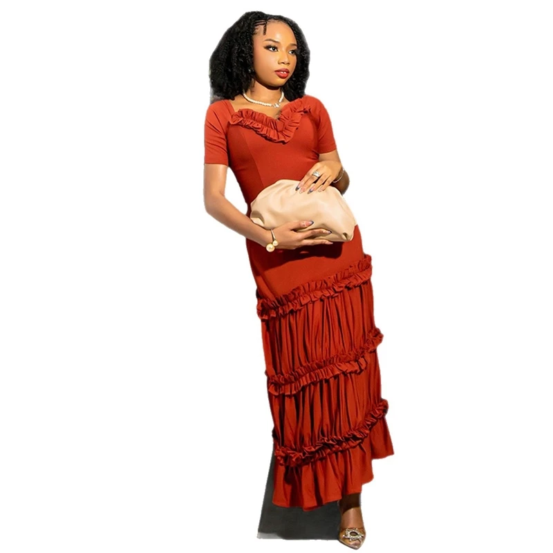 Boho Ruffle 롱 드레스 여성 가을 ​​솔리드 컬러 케이크 계층화 된 맥시 드레스 캐주얼 우아한 빈티지 스타일 가볍고 편안한