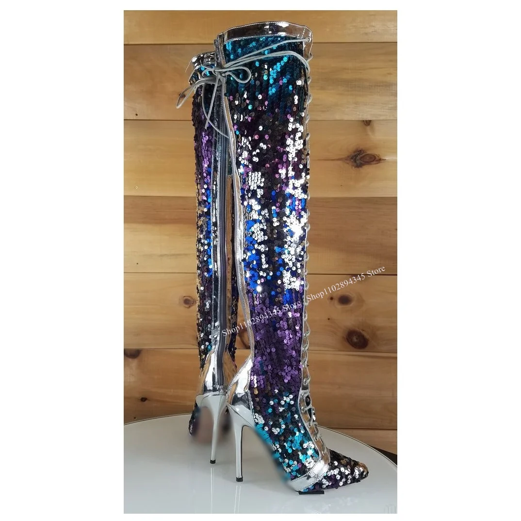 Purple Lace Up Glitter Zipper Boots Over Knee High Thin High Heel Sexy Cool 2024 Winter Big Size Woman Shoes Zapatillas Mujer