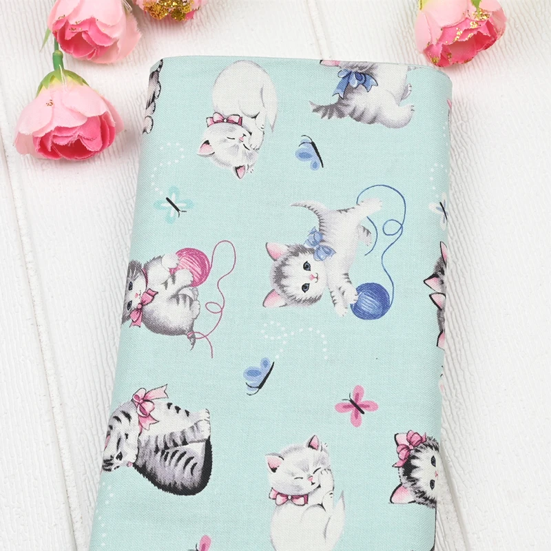 Cartoon Cute Cats Print Plain Cotton Fabric for Sewing Patchwork Clothes Quilting Fabircs DIY Home Textile Sewing Material