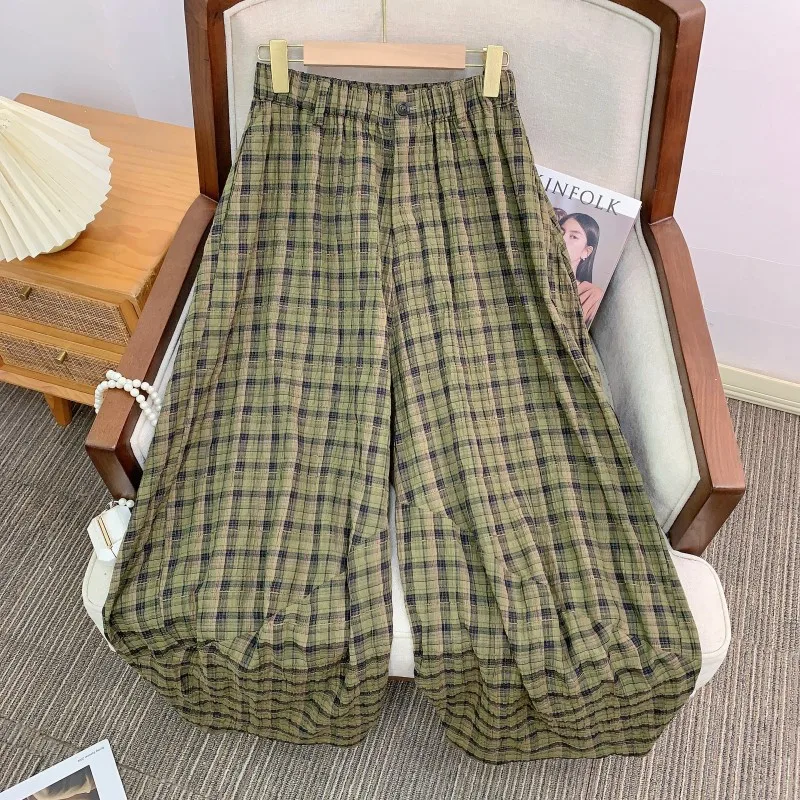 

Casual Pants Color Knit Plaid Elastic Waist 3D Modeling Versatile Balloon Pants Straight Leg Pocket Natural Waist Loose Fit L...