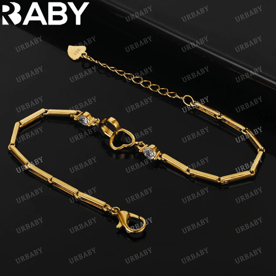 

URBABY 18K Gold Crystal Zircon Double Hearts Bracelets For Woman Wedding Party Fine Jewelry 925 Sterling Silver Bracelet Chain