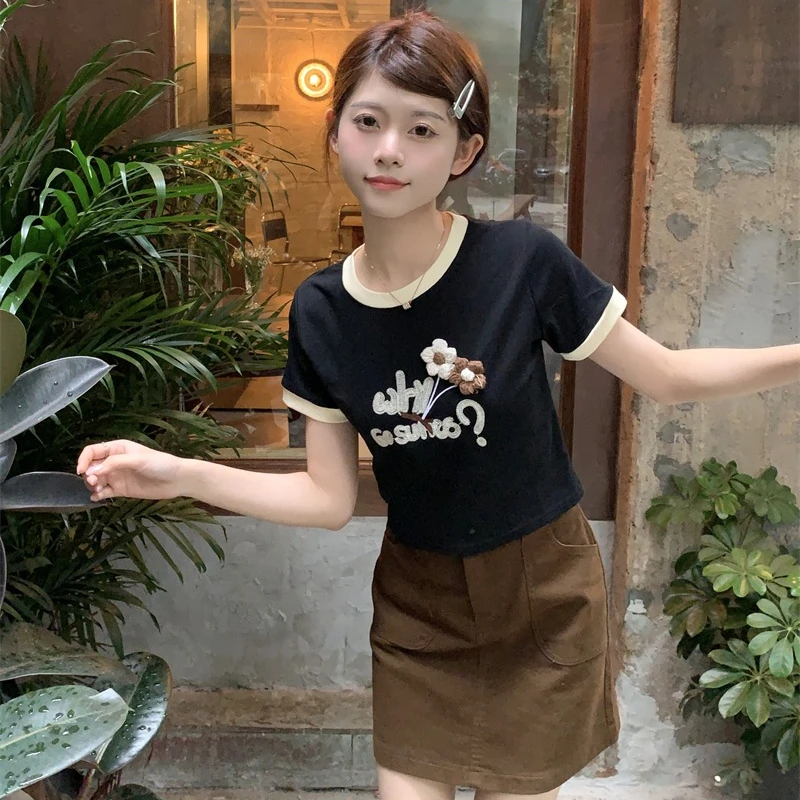 Three-dimensional Flower T-shirts Women 2024 New Spring O-neck Color Collision Short-sleeved Sweet Versatile Short Tops Female