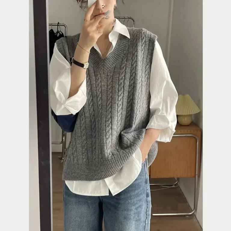 Spring Autumn V-Neck Linen Women Knitted Vest Foldable Outerwear Sweater Shawl Fashionable Top