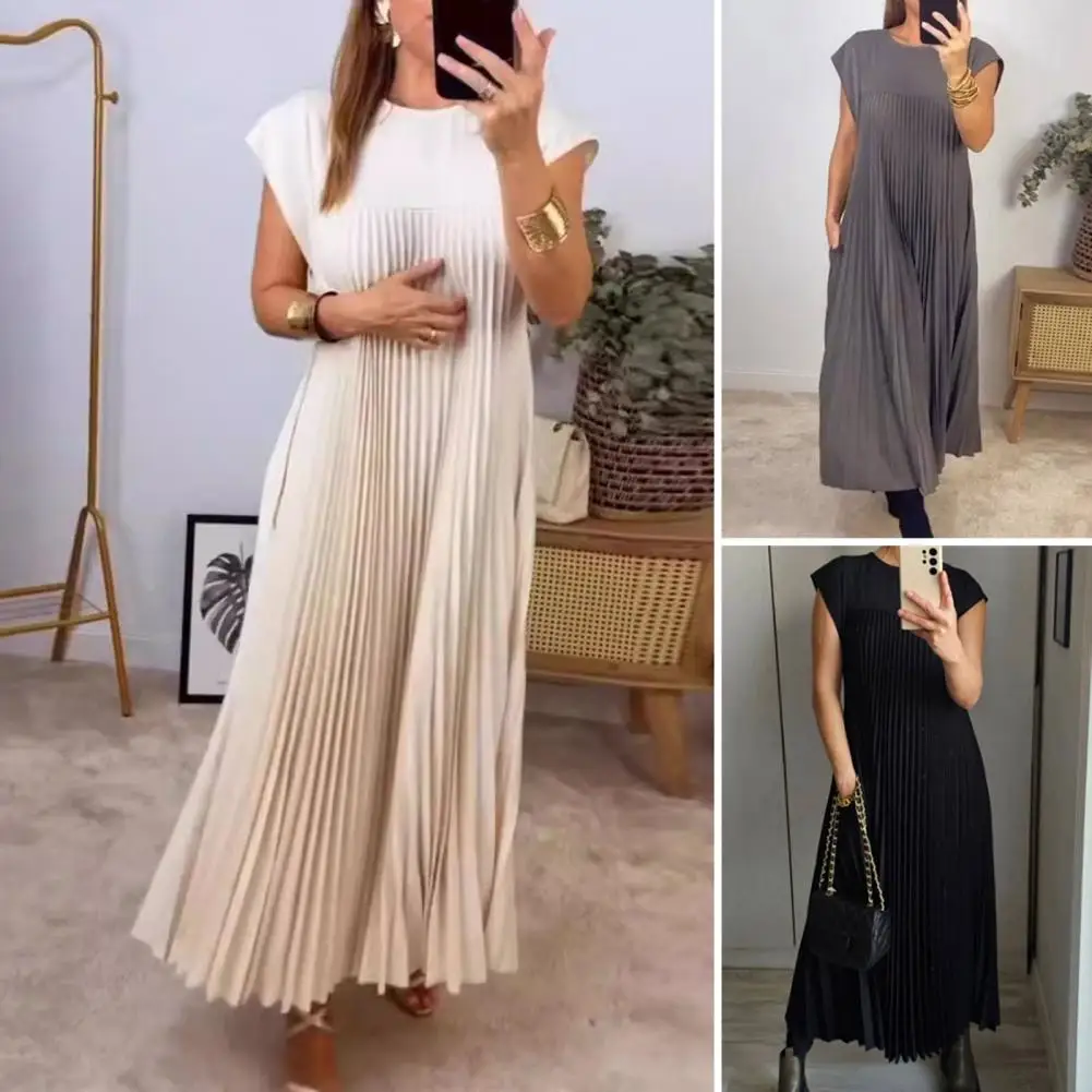 

Women Dress Elegant Midi Dress for Women Solid Color A-line Summer Dress with Pleated Round Neck Soft Breathable Mid-calf Length