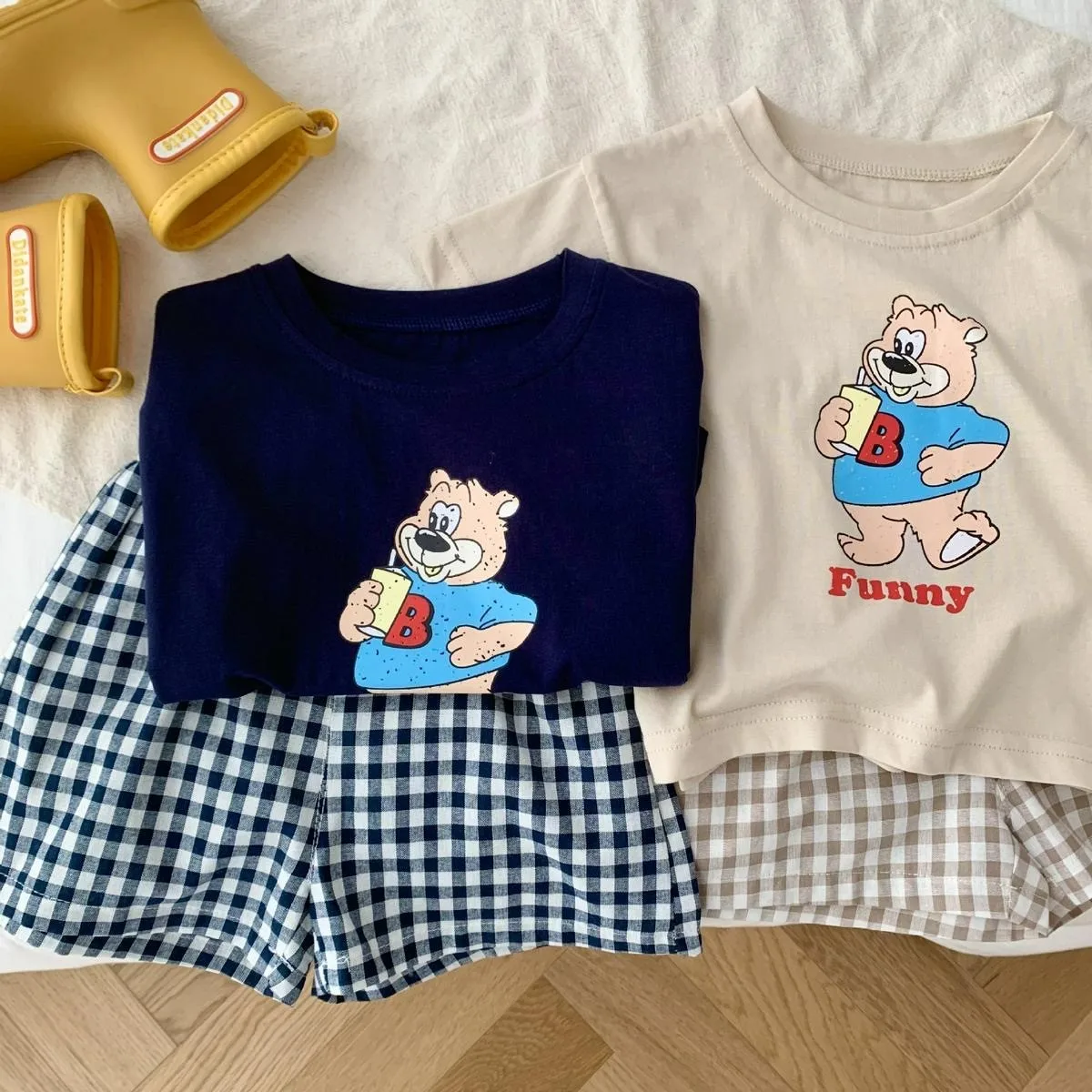 Short Sleeve Tshirt+Plaid Shorts 2 Piece/Set Kids Cartoon Print Short Sleeve Tracksuits For Boys And Girls Cute Summer Clothing