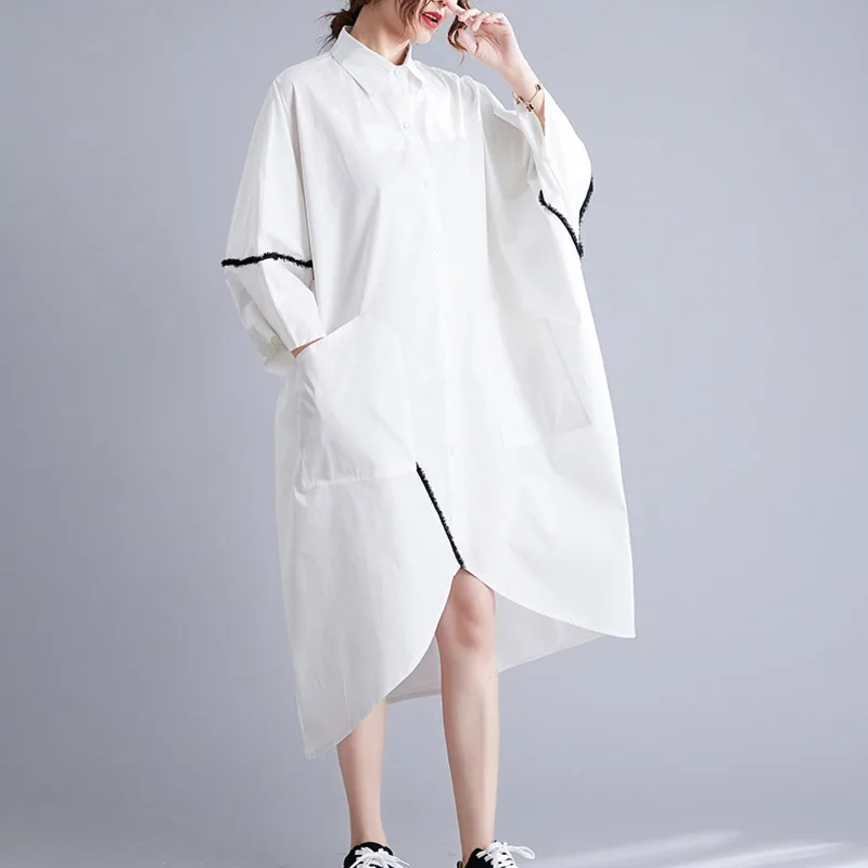 #3483 White Women Asymmetrical Shirt Dress Batwing Sleeve Loose Front Buttons Midi Dress Big Pockets Turn-down Collar Summer2023