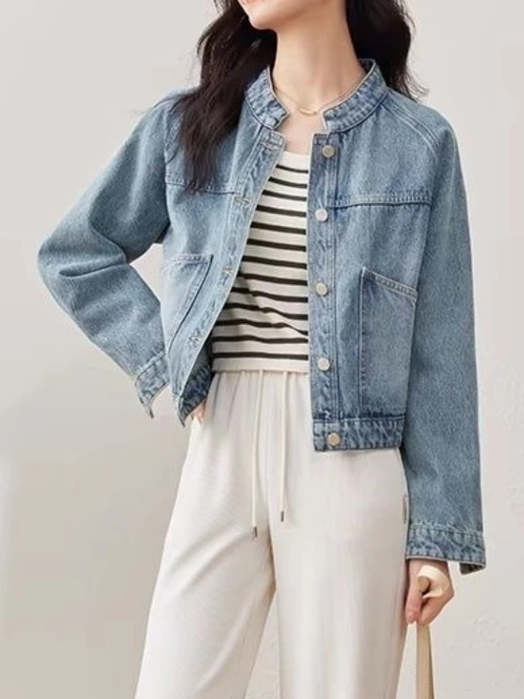Vintage Washed Blue Denim Cropped Jacket for Petite Women Spring Fall Stand Collar Long Sleeve Jean Coat Casual Loose Outewear - view 6