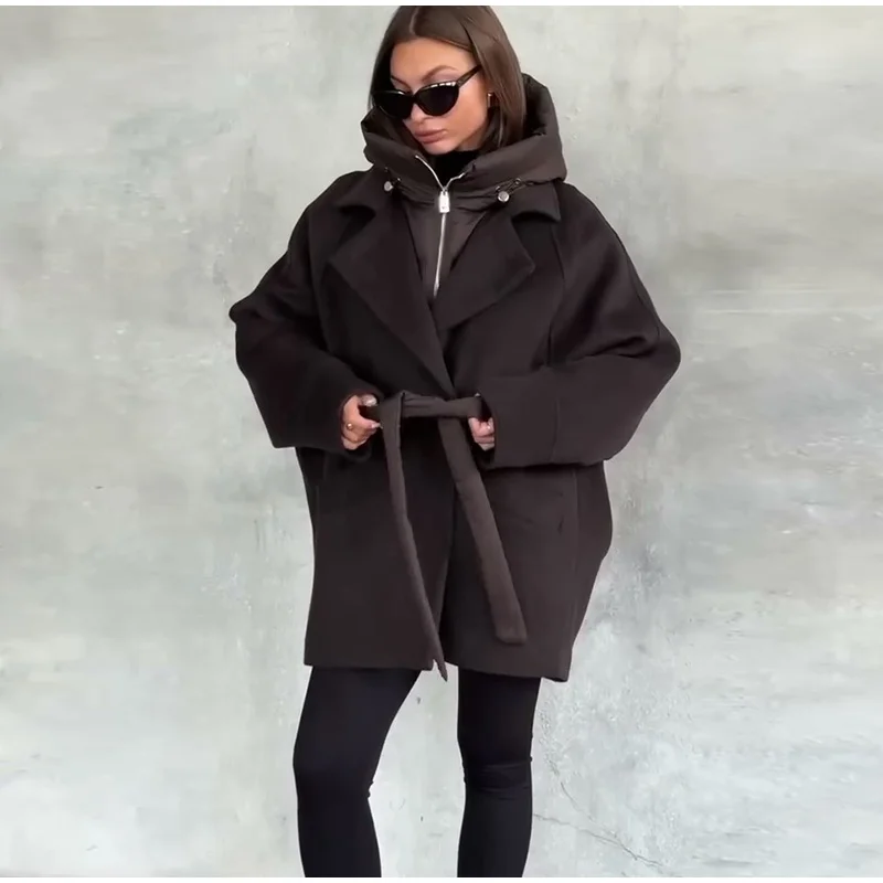 Solid Patchwork Women's Jackets Detachable Hooded Lace Up Pockets Coats Lady Chic Loose Outerwears 2026 Spring Autumn New Coat