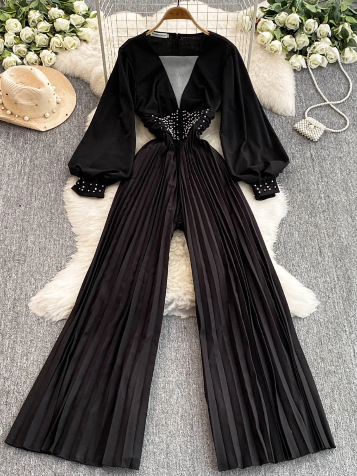 

Ele Long Sve Wide Leg Pants Women's High Waist Pleated Straight Cut Faionable Commute Sle plus Size