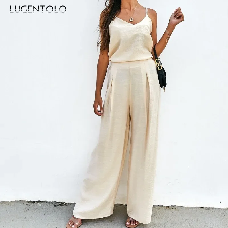 Women Casual Two-piece Set Sexy Off-the-shoulder Suspenders Tops Fashion High Waist Frilled Wide Pants Elegant Street Party Wear