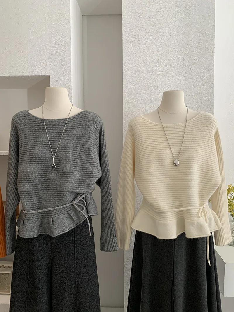 French Style Gentle Ruffles Lace Up Women's Sweater Fashion Temperament Solid Color Long Sleeve Soft Knitwear Vintage Tops