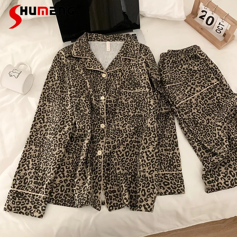 

Retro Leopard Print Pajamas for Women Spring Autumn Long Sleeve Long Pants Underwear Lady Cotton Loose Casual Homewear Set