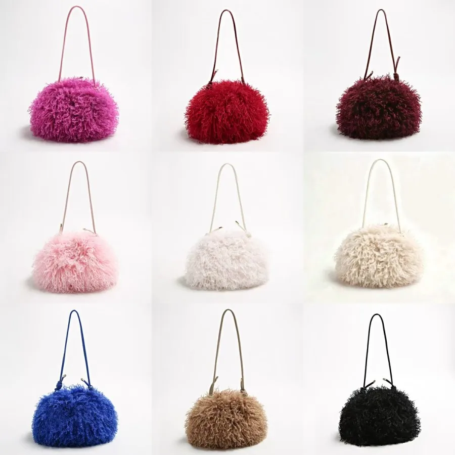 Neo Mint Cute Sweet Girls Pink Fluffy Mongolia Sheep Fur Handbags Women Shoulder Bag Ladies Party Club Luxury Cloud Clutch Bags
