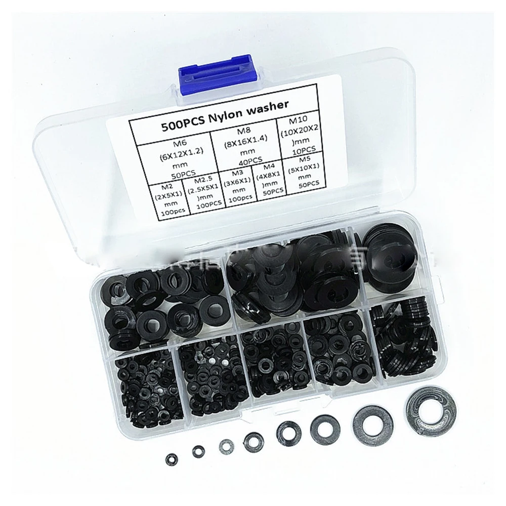 

500PCS Nylon Washers M2 M2.5 M3 M4 M5 M6 M8 M10 Nylon Washers Plastic Insulation Spacers Seals Black Set Gasket Ring Kit