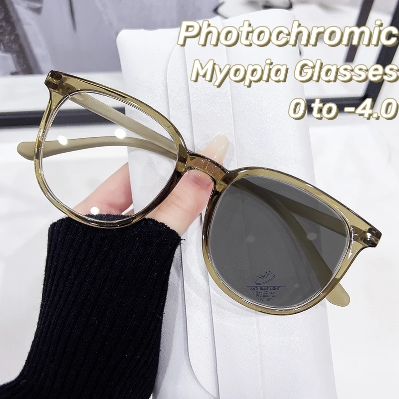 

Ultra Light Large Round Frame Photochromic Near Sight Glasses Anti Blue Light Myopia Glasses Finished Minus Eyewear 0 To -4.0