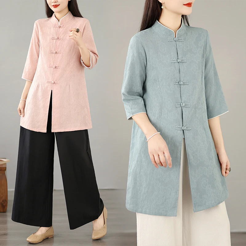 Chinese Traditional  Top And Tea Ceremony Outfit Women's Two-Piece Set Foot Bath And Ear Picking Workwear Cotton Mat...