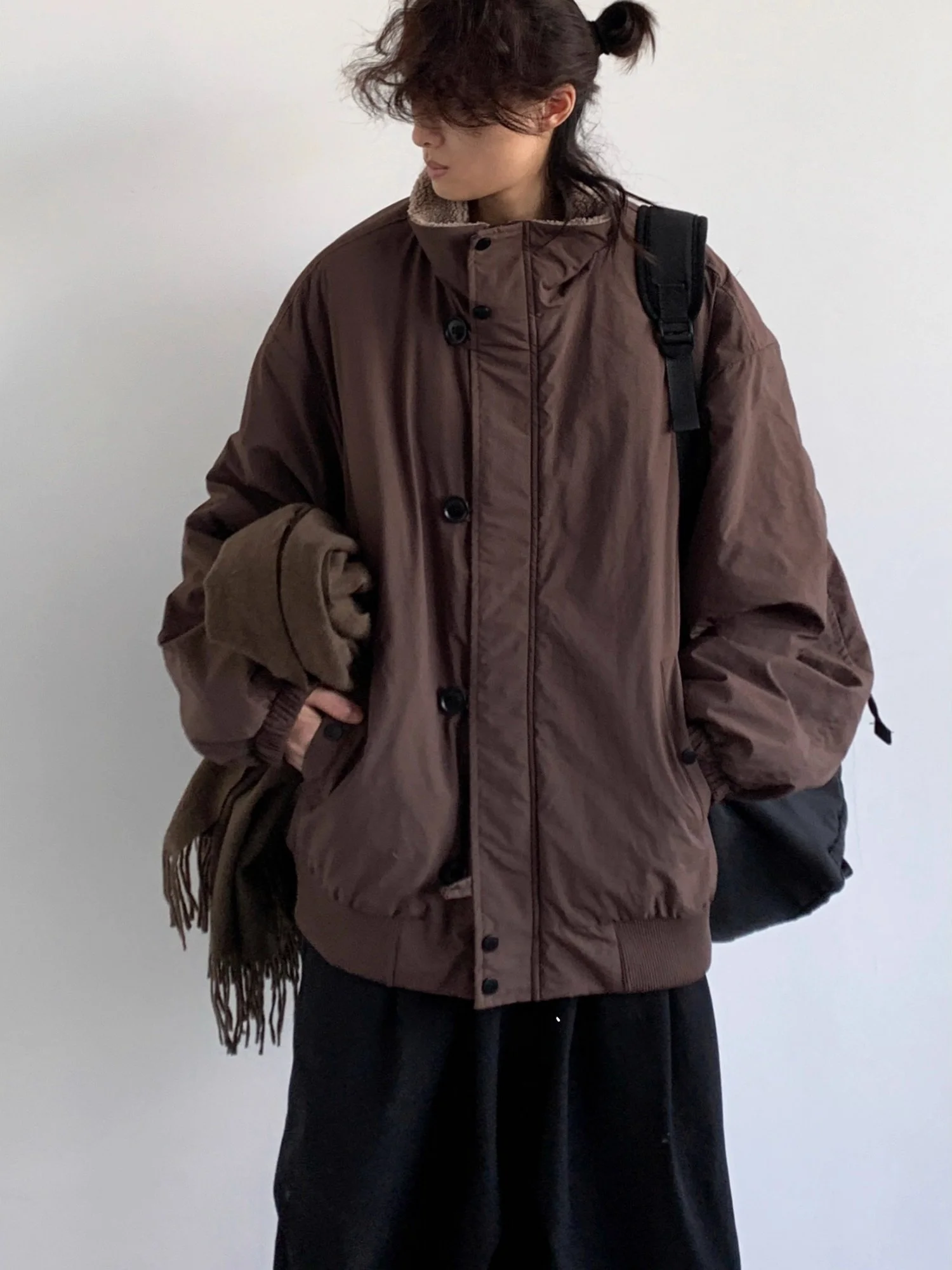 

Retro Japanese Sle Lamb Velvet Workwear Cotton Jaet Loose Fit Casual Warm Outerwear for Men And Women with Stand Collar