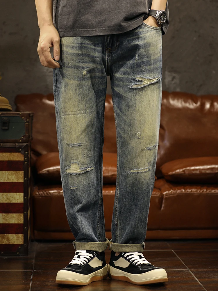 

Мужские джинсы в стиле ретро, американские, синие, свободного прямого кроя, длинные брюки, новинка 2025 года, модные, износостойкие, из хлопкового денима