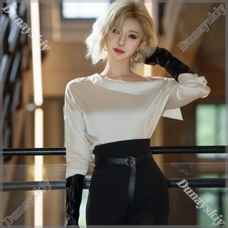 

Grace Cosplay Costume Off-Shoulder Cream Blouse High Waist Black Maxi Skirt With Slit Leather Long Gloves Halloween Game RRRE 9