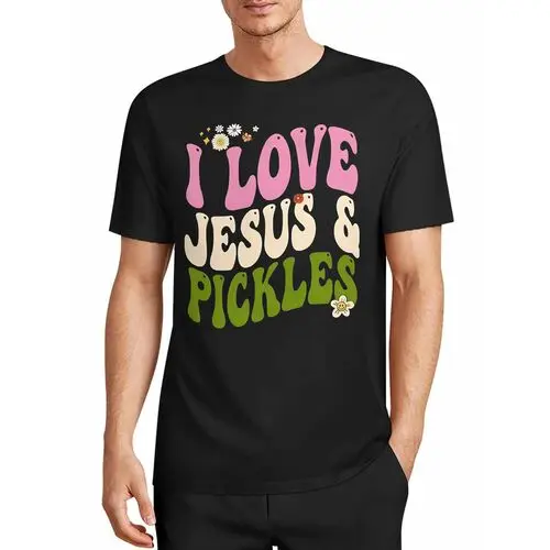 I Love Jesus and Pickled Cucumbers Vintage Wave Font Daisy Print T-Shirt Faith Fun Cute Black Short Sleeve