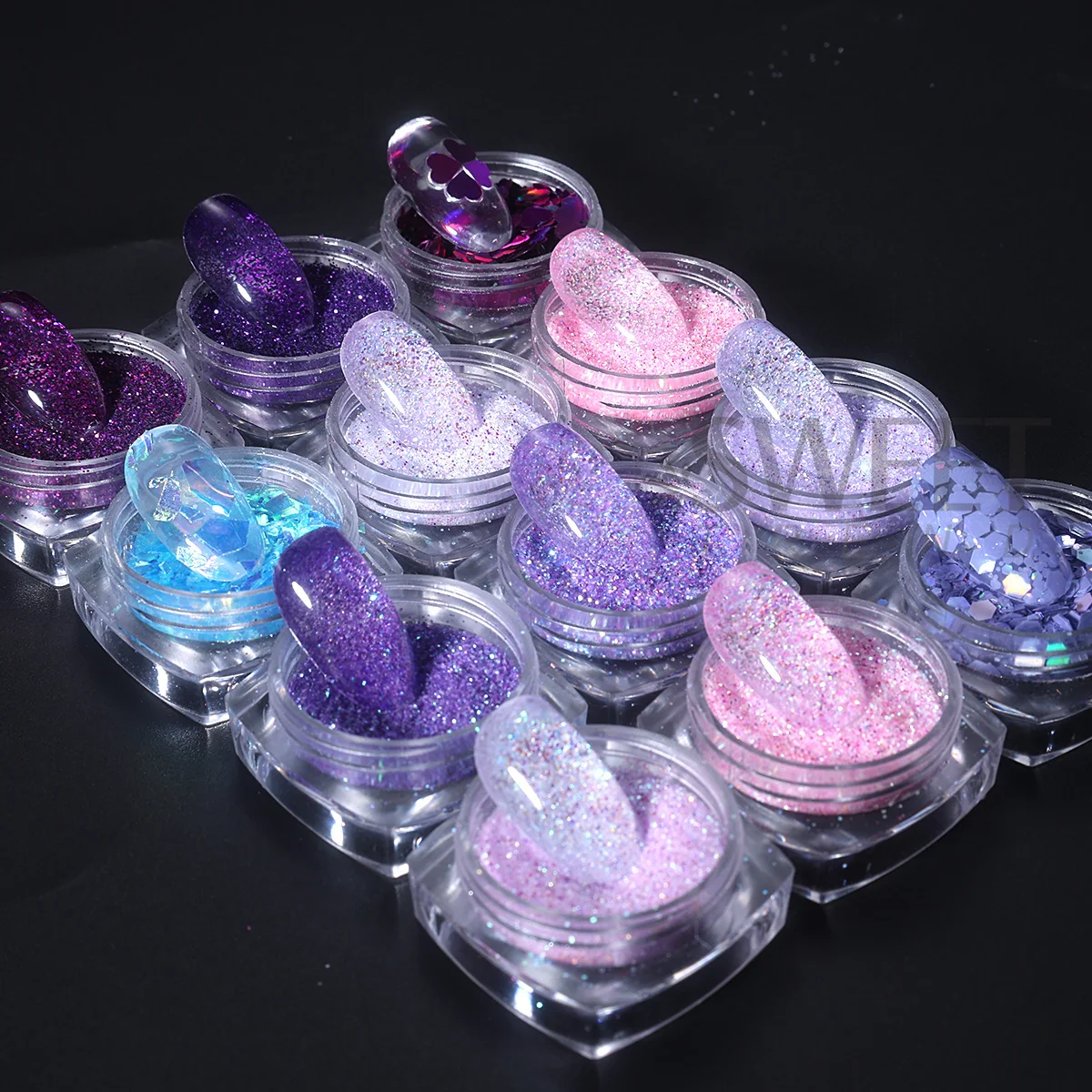 12 قطعة أنيقة الأرجواني الوردي مسمار بريق مسحوق مختلط السكر الحلوى الصباغ مسدس القلب غير النظامية تقشر DIY بها بنفسك مانيكير ديكور الترتر #5