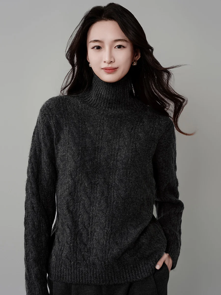 

Loose High Collar Knitted Sweater Women's Deep ey Twist Flower Soft Cozy Base Layer irt ACHU Versatile Gentle Sle