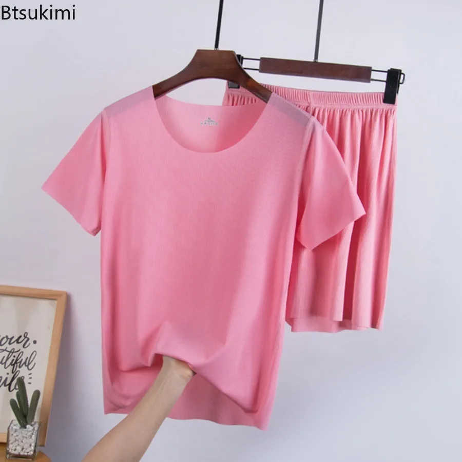 

Women's Home Wear Ice Silk Non Marking Thread Thread T-shirt Summer Thin Style Solid Loose Short Sleeved Shorts Two-piece Set