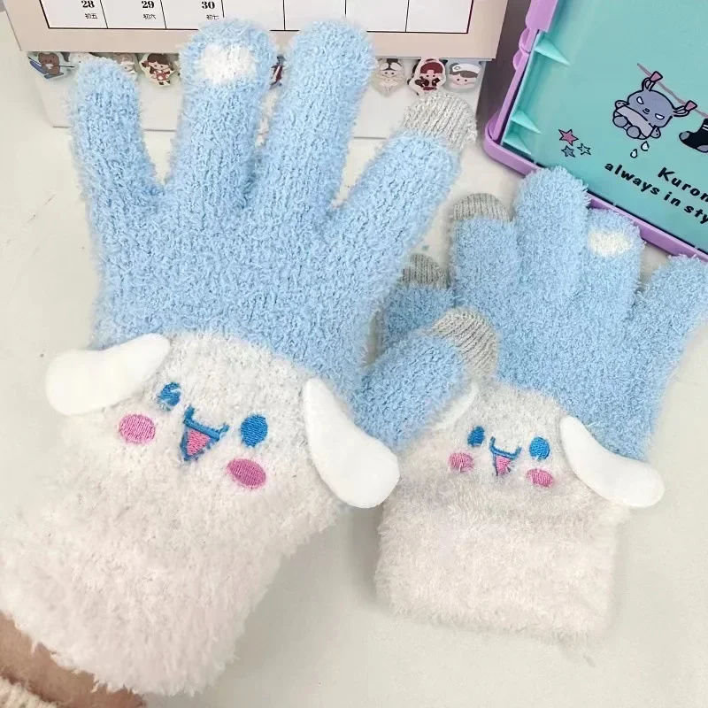 Anime Cinnamoroll Plush Gloves Touch Screen Sanrioed Kuromi Melody Kawaii Cartoon Five Finger Gloves Winter Girl Student Warm