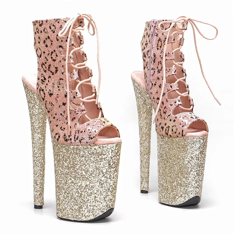 New 23CM/9inches Leopard Upper With glitter platform open toe Pole dance shoes High Heels Pole Dance boot