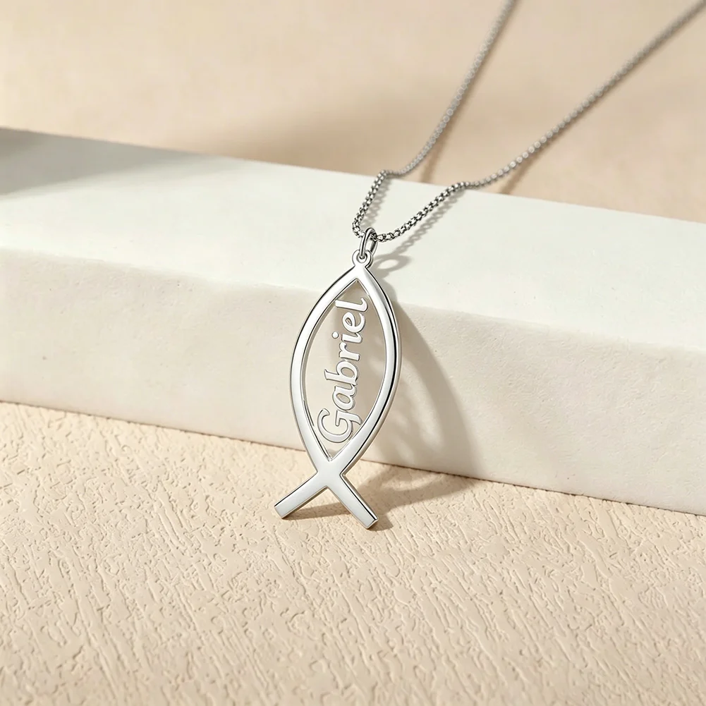 Ichthys Custom Name Pendant Necklace for Women Men Christian Fish Symbol Pendant Ichthus Necklace Jewelry Gifts