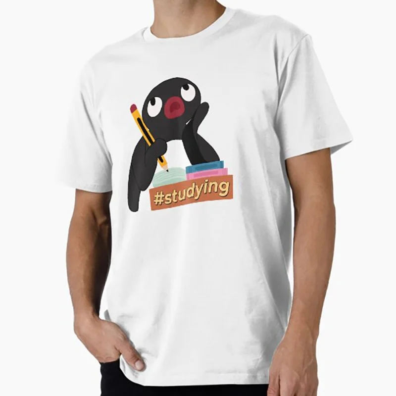 

Noot Noot pingu studying Gift t shirt for men Funny cartoon Graphic Clothes 100% cotton printed Y2K clothing Large size tee