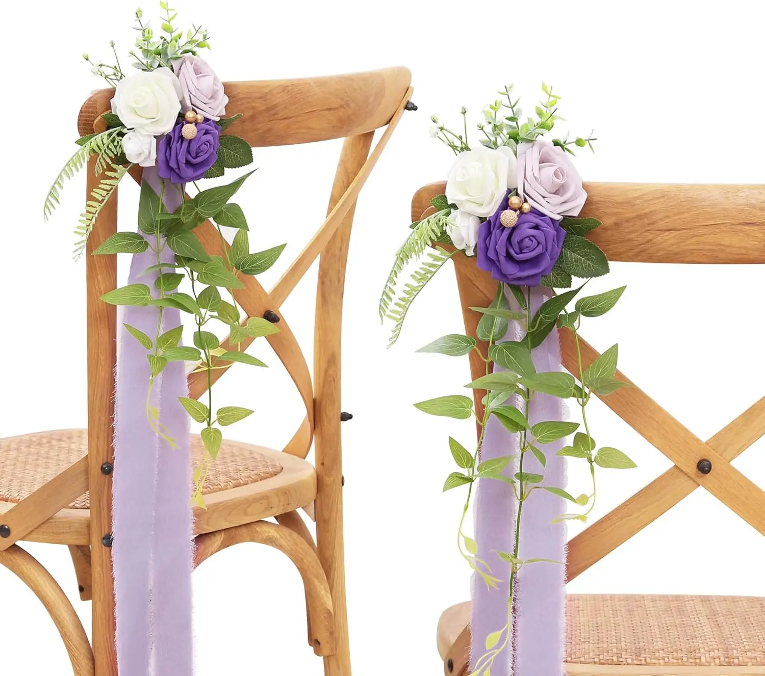 Wedding Aisle Decorations Purple Pew Flowers Set of 10 for Wedding Ceremony Party Chair Decor with Artificial Flowers Eucalyptus