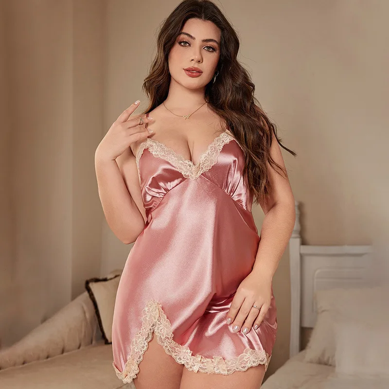 Plus Size Women Backless Nightgown Sexy Satin Slip Dress Euro Style Silk Like Sleepwear for Curvy Girls Comfortable Lounge Dress