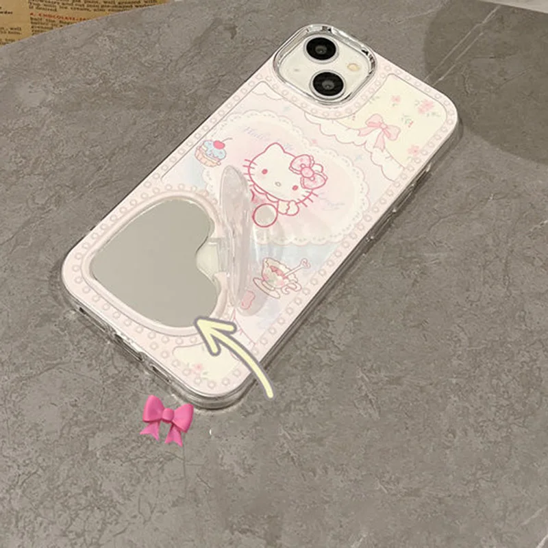 Cute Hello Kitty Mirror Flip Cover Stand IPhone Case Kawaii Cartoon KT 15promax Shell 13 12 11 Anti Drop IPhone 14 Cases Gifts