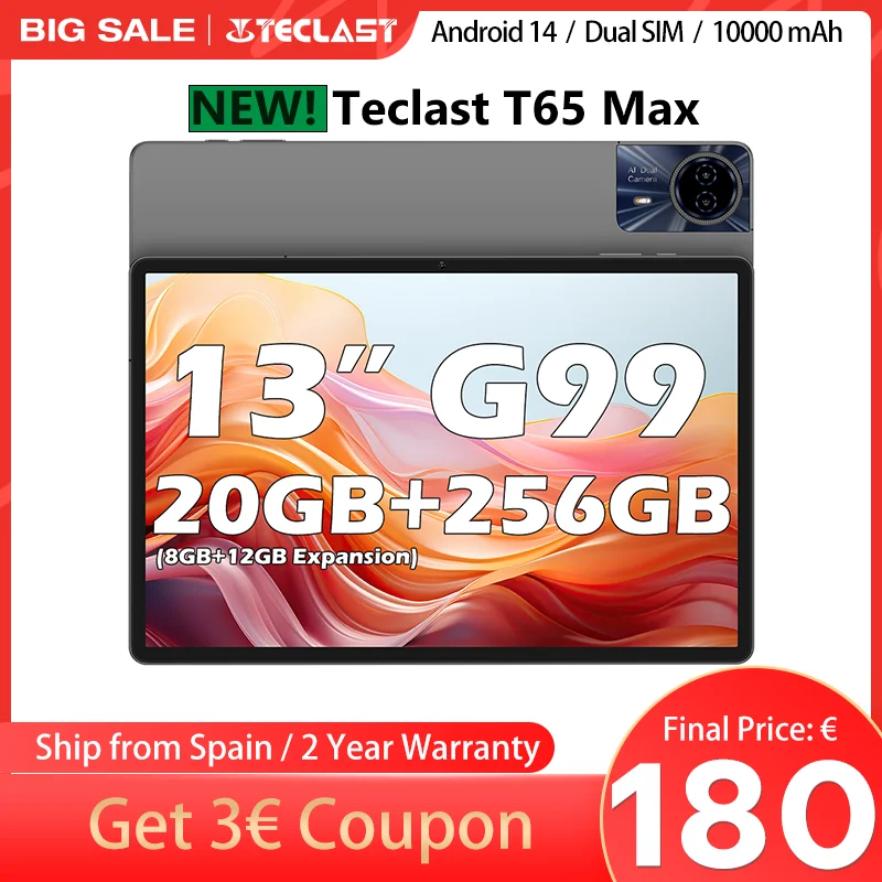 Teclast T65 Max 13 inch Android tablet 14 MediaTek Helio G99 (8GB + 12GB expansion) 20GB RAM 256GB ROM 10000mAh battery dual SIM 4G LTE 1920x1200 GPS Widevine L1 for Netflix