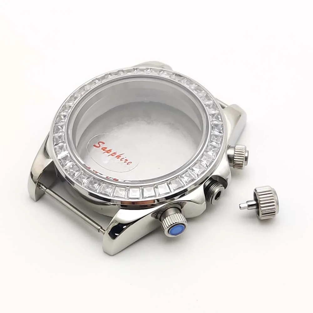 40 مللي متر الياقوت الزجاج حاوية من الفولاذ المقاوم للصدأ مع الماس الحافة ساعة رجالي اكسسوارات لحركة الكوارتز VK63 VK64