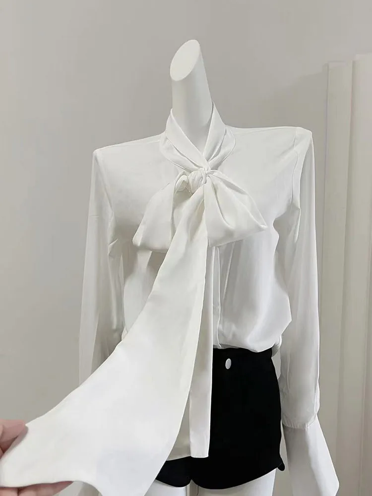 Elegant White Fashion V-Neck Bow Shirts Autumn Women Luxury Sweet Shirt Sleeve Tops French Style High Quality Chiffon Blouses