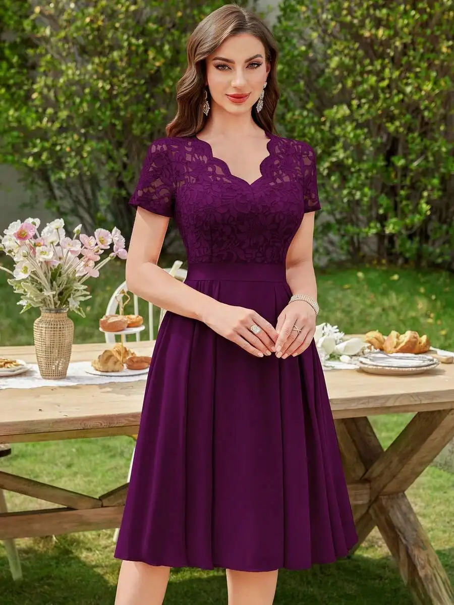 

Elegant V-Neck Floral Lace Pleated Chiffon Purple Cocktail Party Dress For Wedding Guest Birthday Graduation