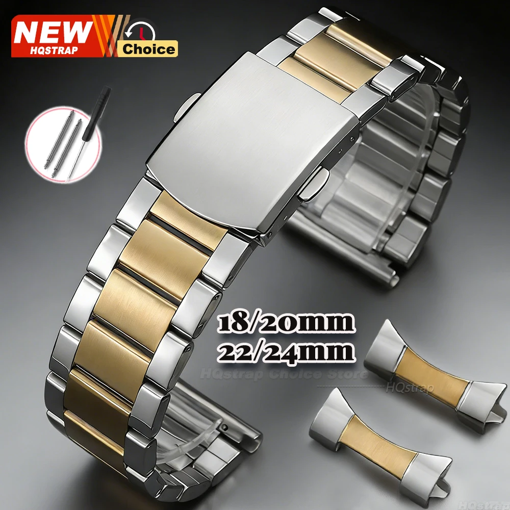 Neues Edelstahl-Uhrenarmband mit flacher Bogenform, universeller Ersatzriemen, 18 mm, 20 mm, 22 mm, Faltschließe, Damen- und Herrenarmband